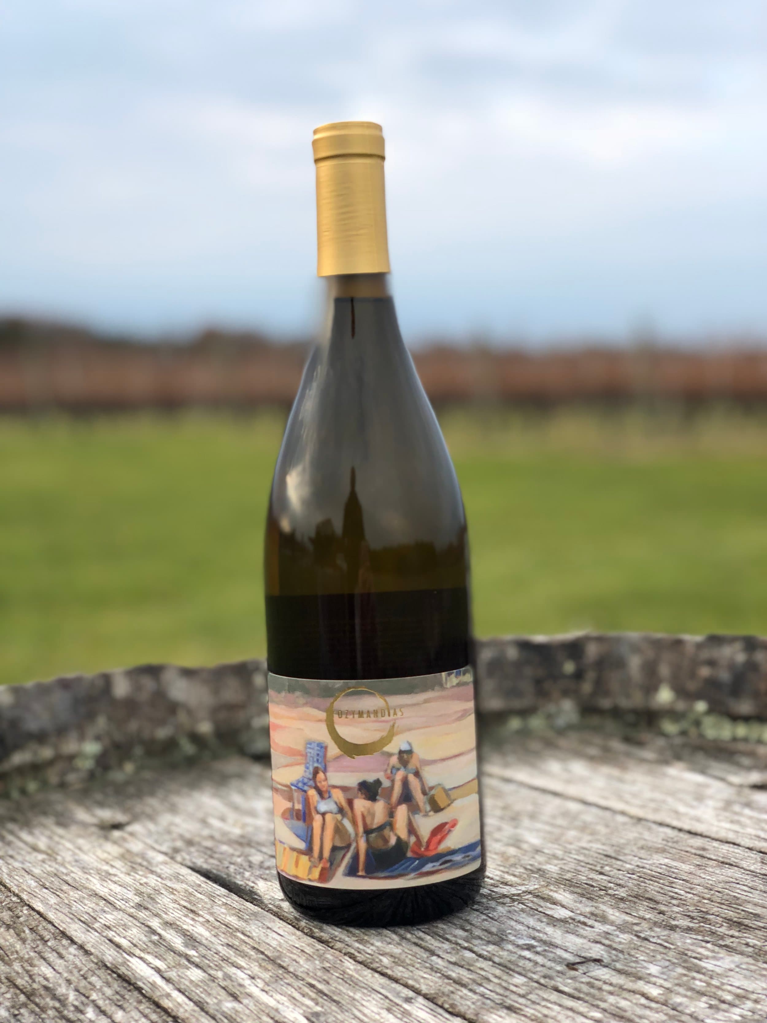 An Ozymandias Wines bottle with Folly, the painting by Mary Ball, on the front label