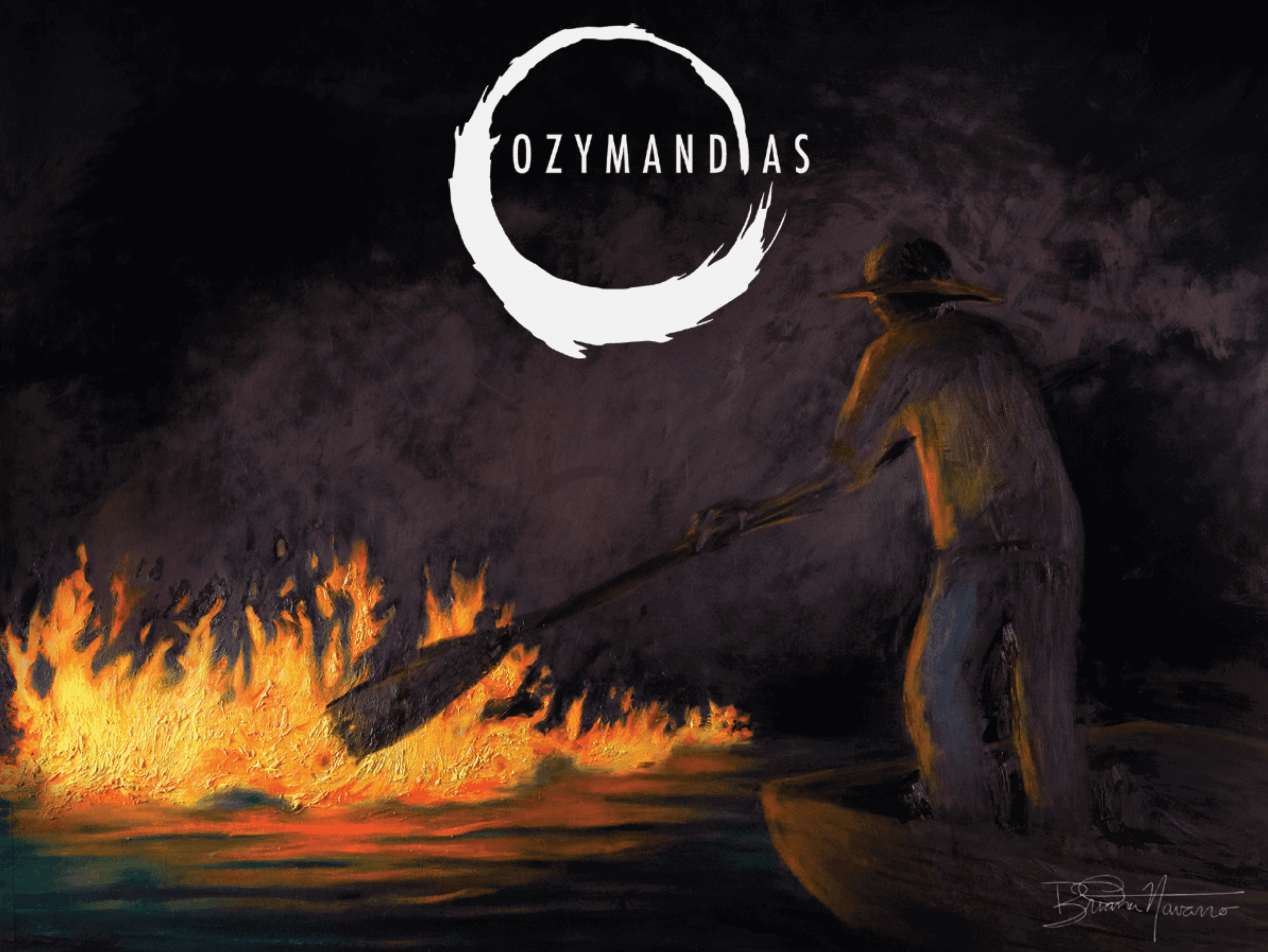 The Burning River label artwork by Briana Navarro, a figure poling a boat across flames beneath the Ozymandias logo