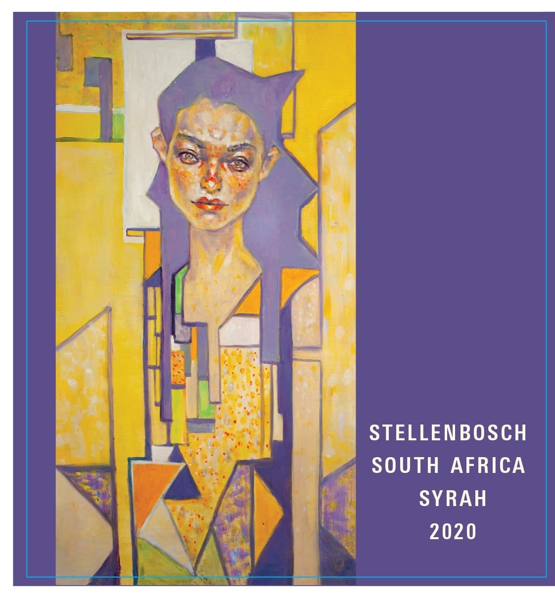 The 2020 Stellenbosch Syrah front label, featuring Amy Liu's painting Metamorphosis