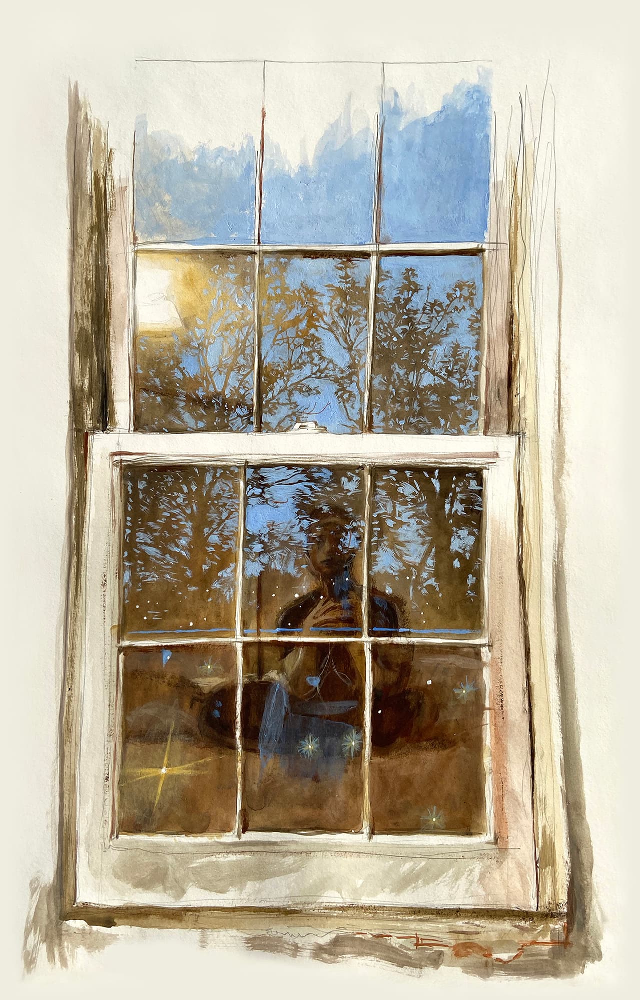 Palimpsest II, the painting by Connor Gewirtz chosen for the 2023 Ozymandias Wines label, a figure reflected in an old sash window