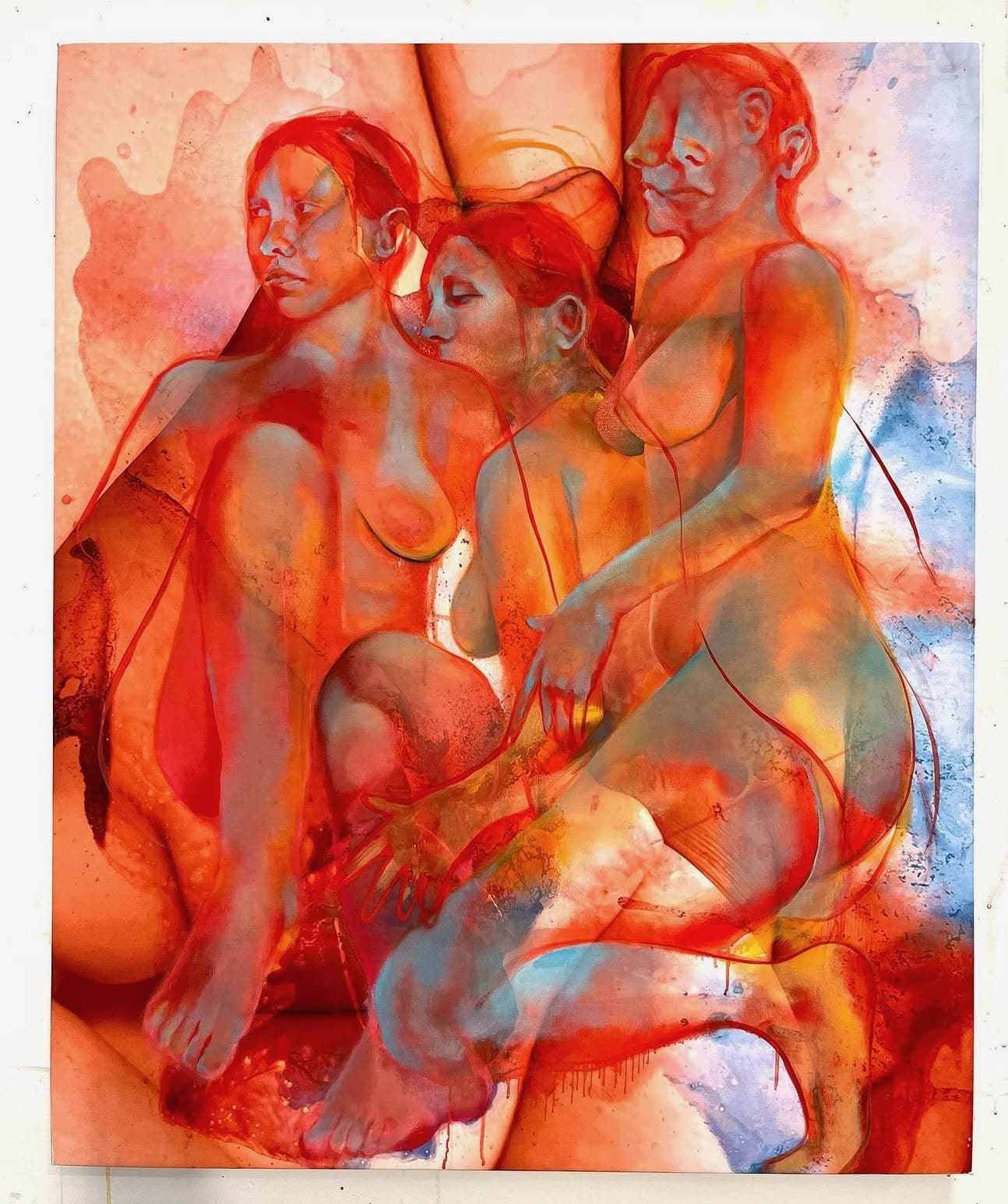 Figurative Transitions, the painting by Lilli Cordes chosen for the 2025 Ozymandias Wines label, three figures in vivid reds and oranges