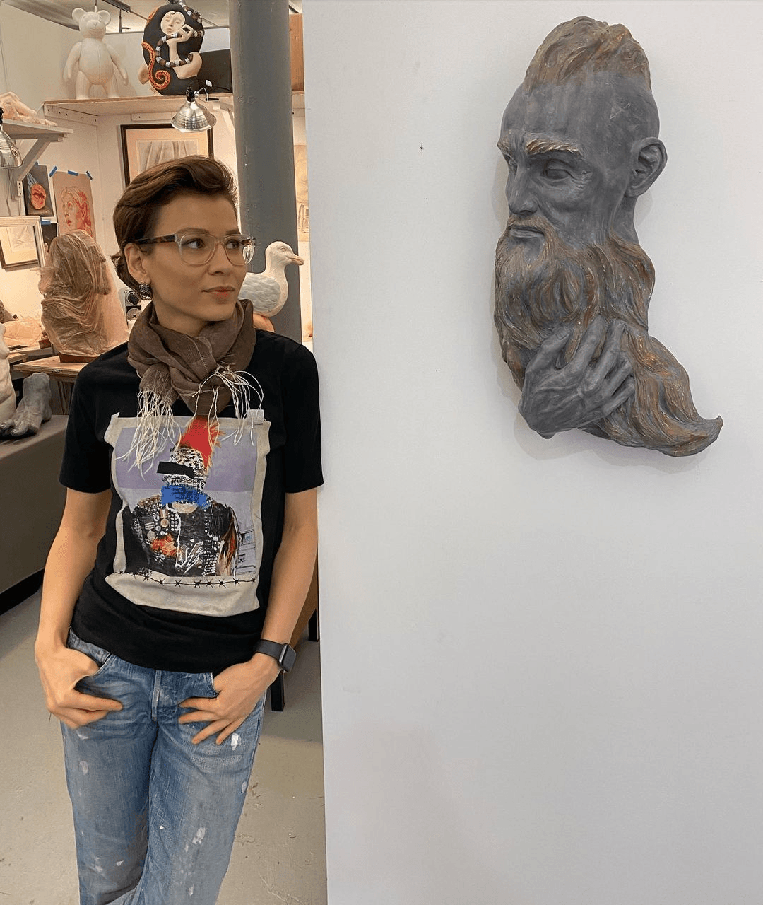 Irina Lakshin with her sculpture Warrior, the 2020 Ozymandias Wines Scholarship recipient