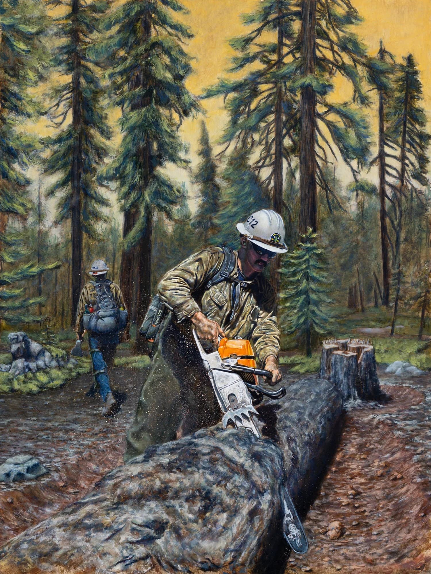Felling Giants by Zachary Le, a wildland firefighter cutting a downed tree with a chainsaw, chosen for the 2024 Ozymandias Wines label